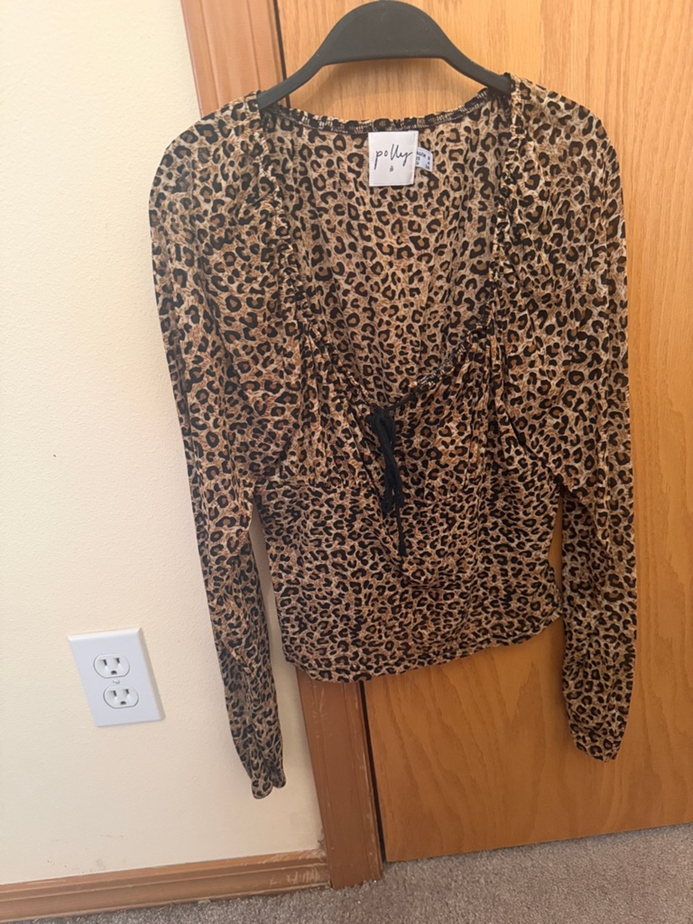 Polly & Esther Leopard Print Long Sleeve Tie-Front Top - Tan & Black